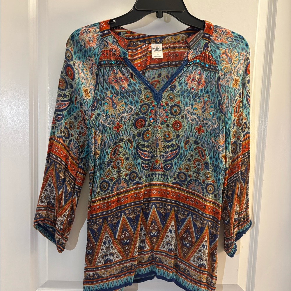 Bila Bohemian Paisley V-Neck Women's Top - Teal & Rust Sz S